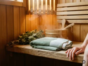 Damp cooling towel folded on a wooden sauna bench beside a birch whisk and bucket, steam rising in a warm Nordic sauna.
