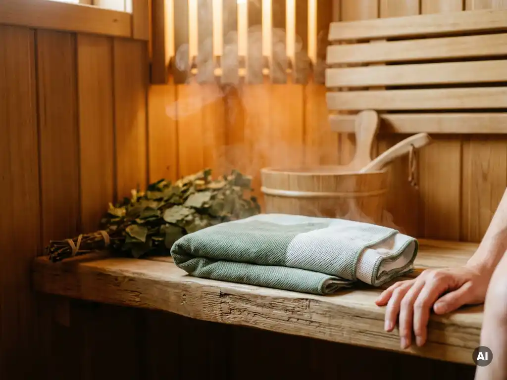 Damp cooling towel folded on a wooden sauna bench beside a birch whisk and bucket, steam rising in a warm Nordic sauna.
