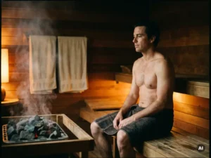 Shirtless man resting on a cedar sauna bench with a cool damp towel, steam rising from hot coals in warm amber light.