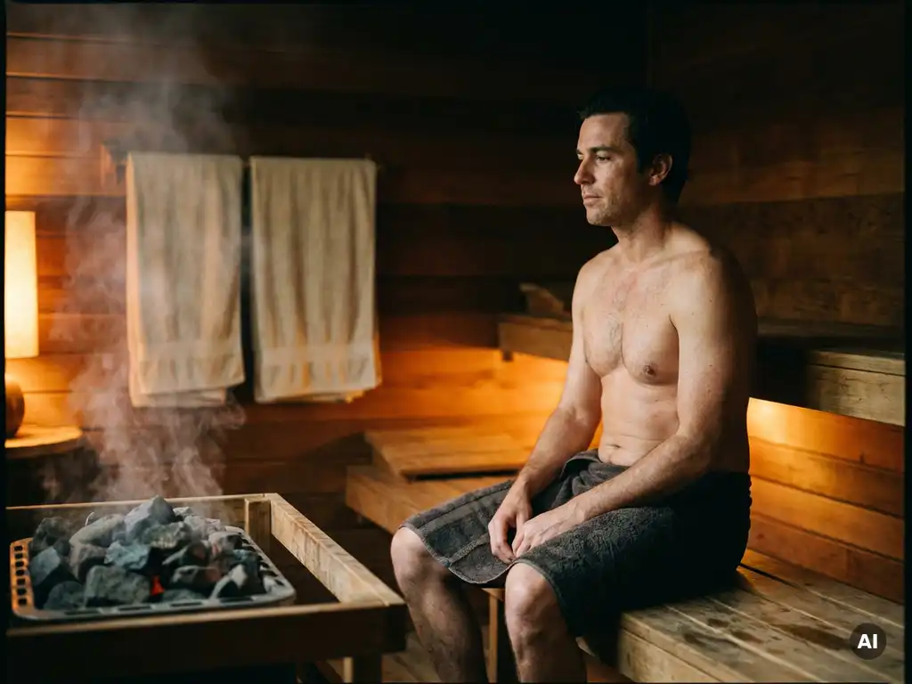 Shirtless man resting on a cedar sauna bench with a cool damp towel, steam rising from hot coals in warm amber light.